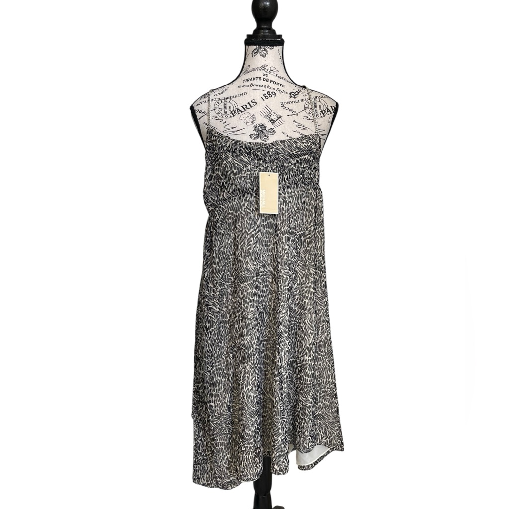 Michael Kors Xl Gray Animal Print Chain Strap Smocked Midi Dress Lined Nwt Flaw